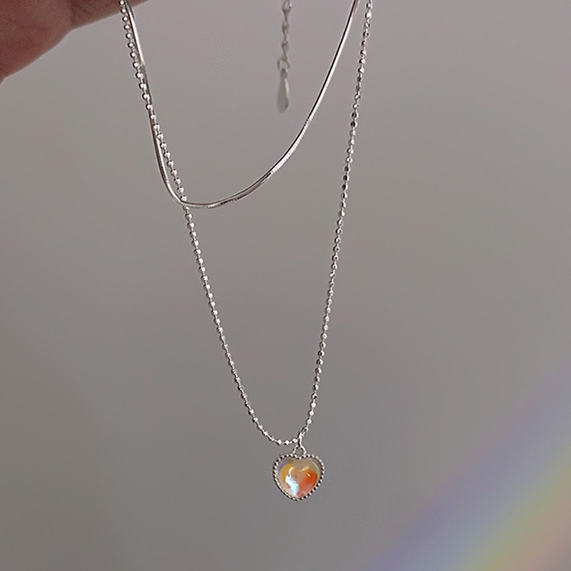 Kalung Batu Bulan Cinta Desain Lapisan Ganda Perempuan Manis Gradual Change Peach Shaped Clavicle Chain