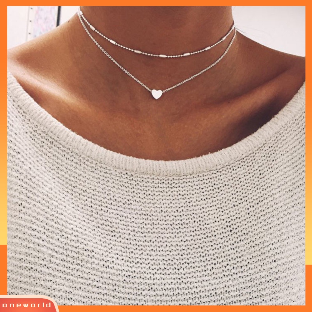 [WONE] Sederhana Lapisan Ganda Rantai Jantung Liontin Kalung Choker Perhiasan Fashion Wanita