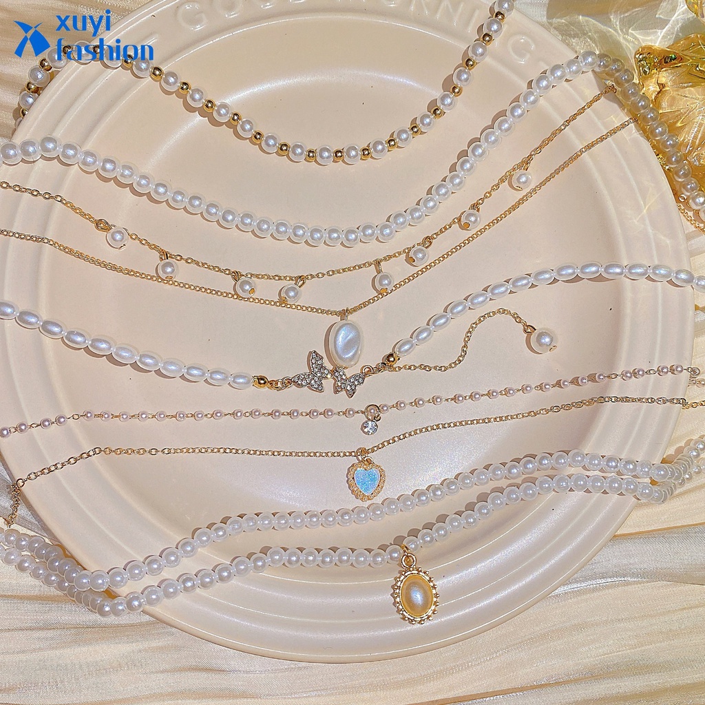 Korea Kalung Mutiara Elegan Hati Kupu-Kupu Liontin Silver Kristal Choker Untuk Wanita Aksesoris Fashion