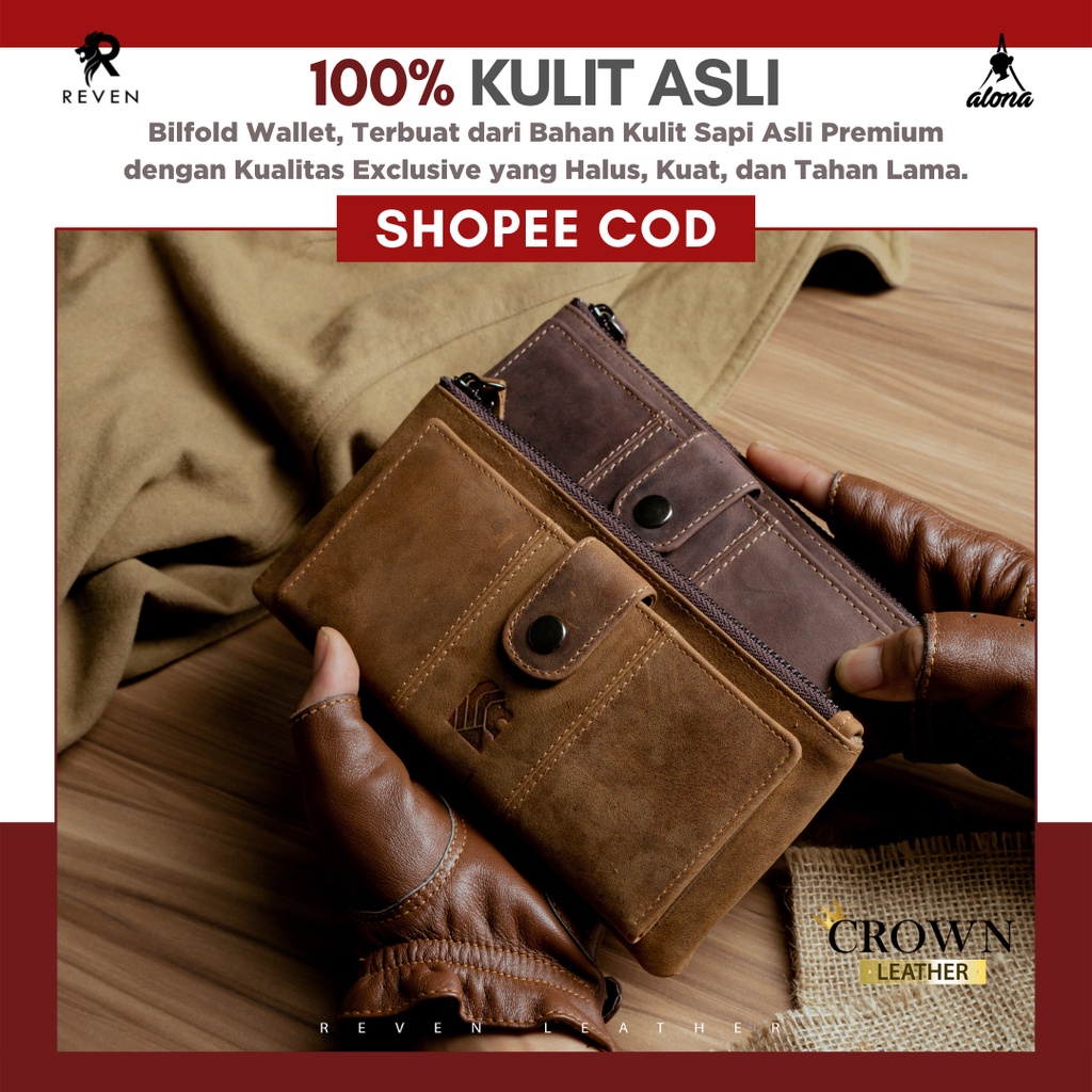 Dompet Panjang Pria Kulit Sapi Asli 100% BILFOLD WALLET Fashion Cowok Original Muat HP Android dan Uang Tunai Slot Kartu Banyak by Crown Leather CrownLeather Store