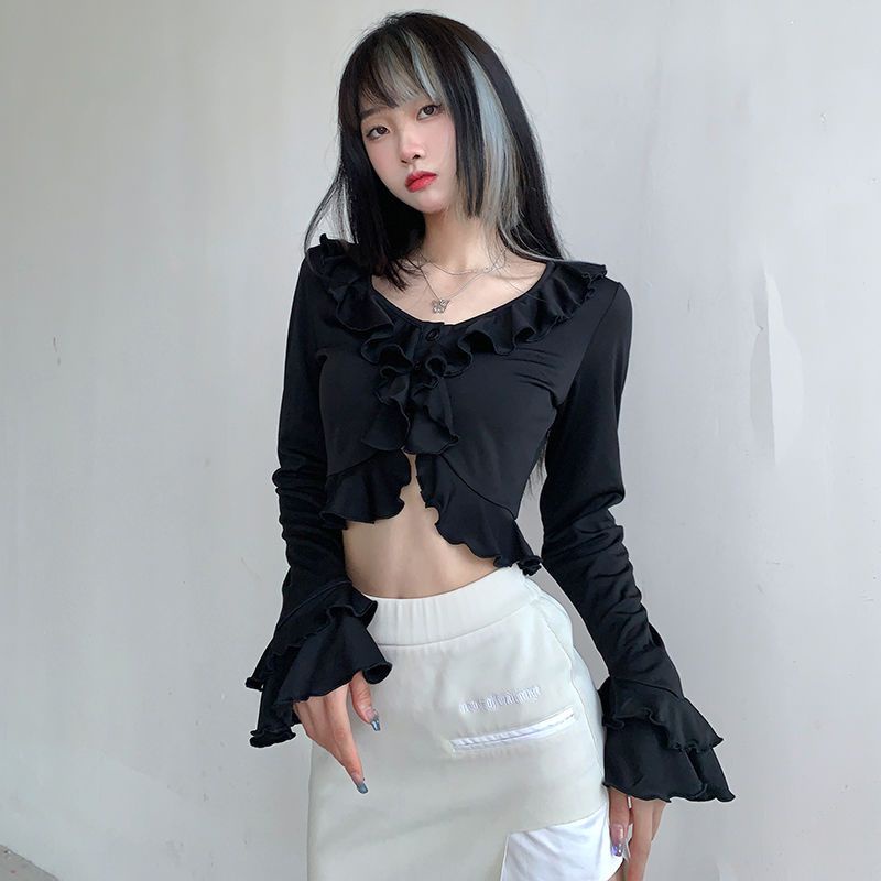 ◊☈Suhao Dark Bahasa Perancis Gaya Pengadilan Terompet Lengan Panjang Mengacak-acak T-shirt Wanita Manis Gadis Panas All-Match Slim Pinggang pendek Top