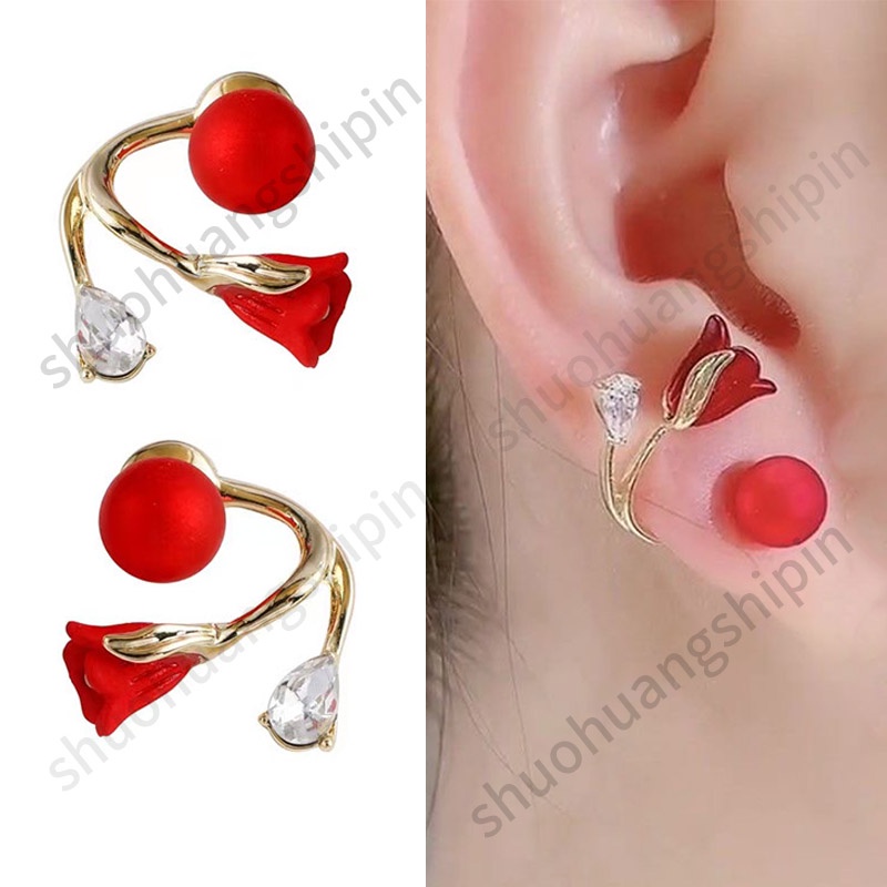 Anting Bentuk Bunga Mawar Merah Gaya Unik