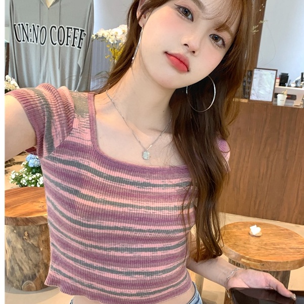 Baju Rajut Wanita Korean Style Lengan Pendek Stripe Tipis Top