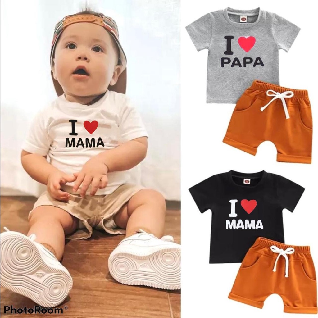 Setelan anak laki-laki dan perempuan bahan katun motif i love mamam papa usia 1 sampai 6 tahun