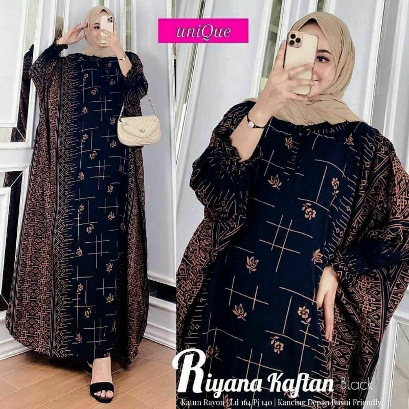 Kaftan Wanita - Daunda Kaftan Size Jumbo XXXXL Motif Daun Lengan Panjang Busui Resleting by Nadira_Fashion / Gamis Rayon Jumbo Kaftan Terbaru-Riyana hitam