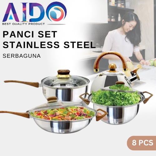 Panci wajan dan teko Set Serbaguna Stainless Steel PANCI SERBAGUNA 1SET 8 PCS Q2-7208 PANCI HIGH QUALITY PANCI STAINLESS STEEL BERKUALITAS