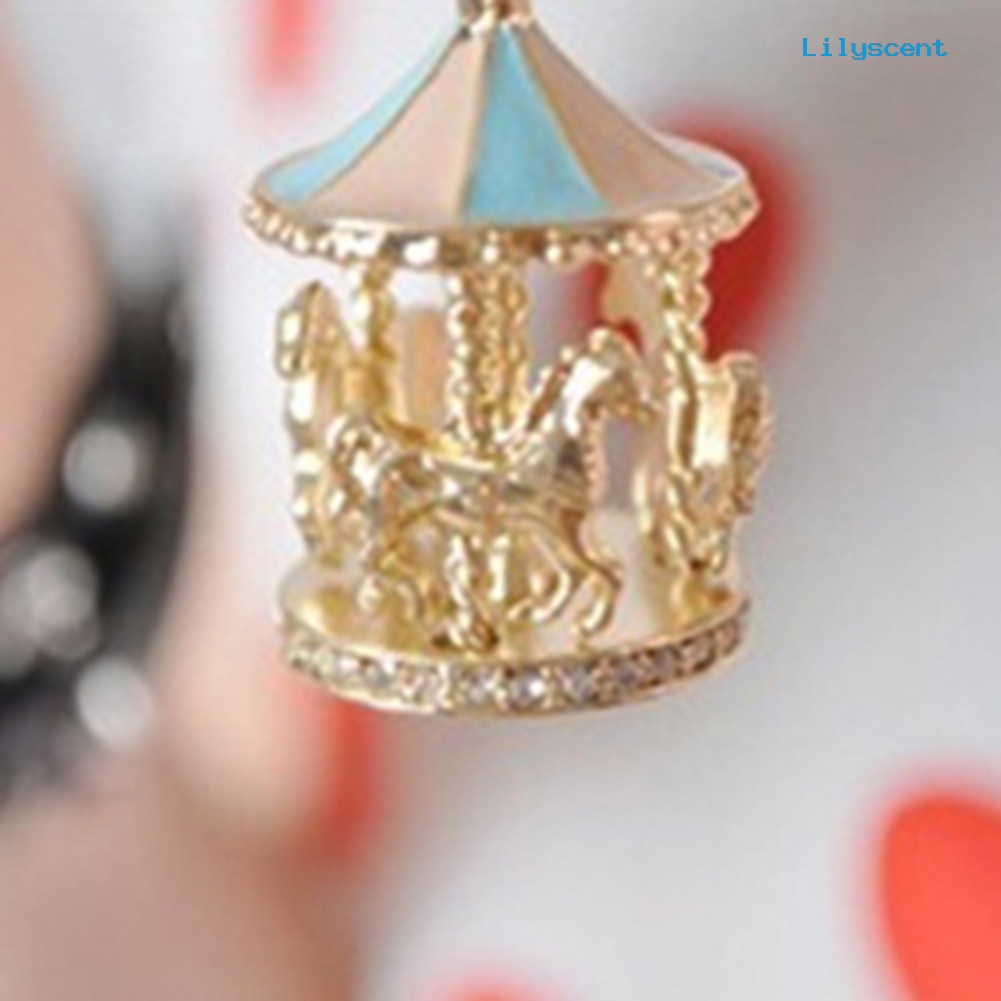 [LS] Wanita Enamel Carousel Merry-Go-Round Charm Liontin Kalung Rantai Hadiah