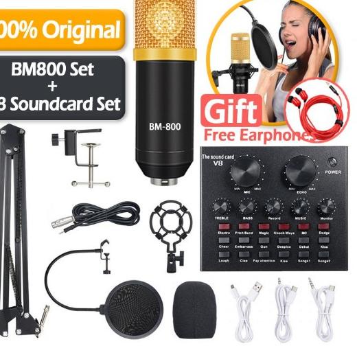 Ready PAKET LENGKAP MIK MIKROFON MIC MICROPHONE + HEADPHONE SMULE REKAMAN LIVE STREAMING BM800 +V8 S