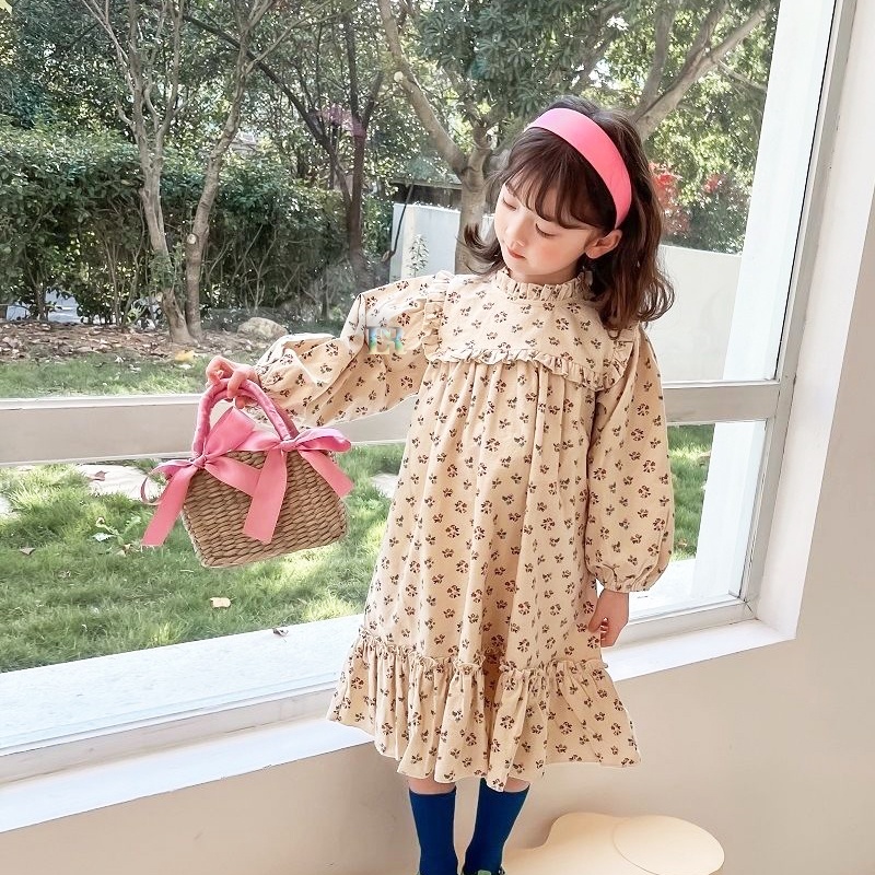 LNR Shop Kids Dress Girl Floral Lengan Panjang Gaun Anak Bayi Perempuan Musim Gugur Musim Dingin Baru Baju Anak Perempuan Kecil Katun Vintage Korea Motif Bunga