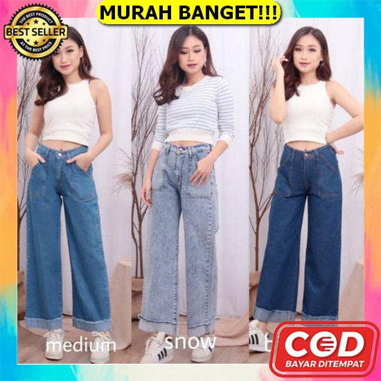 Celana Kulot Jeans Wanita Sobek Lutut Rawis Bawah Fwr - Celana Kulot Boyfriend Highwaist Loose  Jean