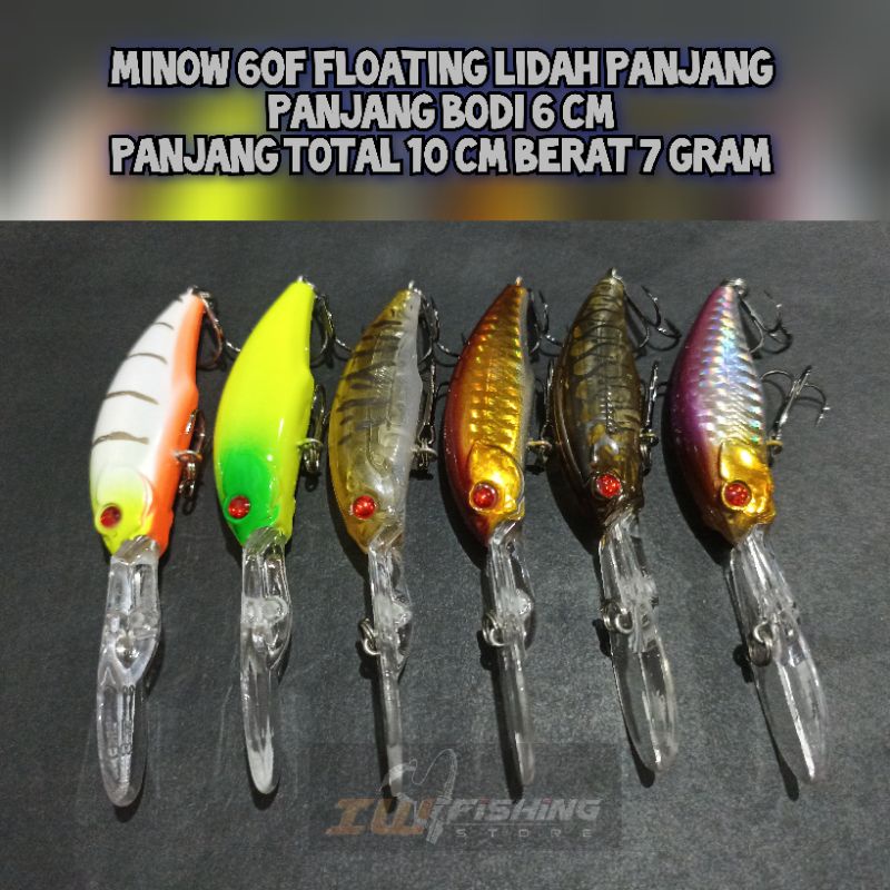 Lure minow floating deep lidah panjang bodi 6 cm total+lidah 10 cm berat 7 gram untuk umpan mancing 