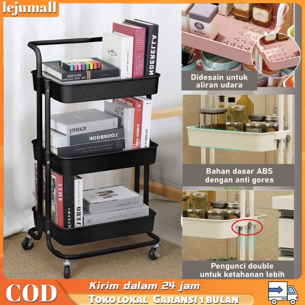 Rak Troli Dengan Roda 3 Susun Serbaguna Rak Dapur dengan Keranja Stainless Rak Buku Portable / Rak Bumbu Dapur / Rak Sudut Tempat Penyimpanan / Penyimpanan Bayi/Trolley Mengentalkan