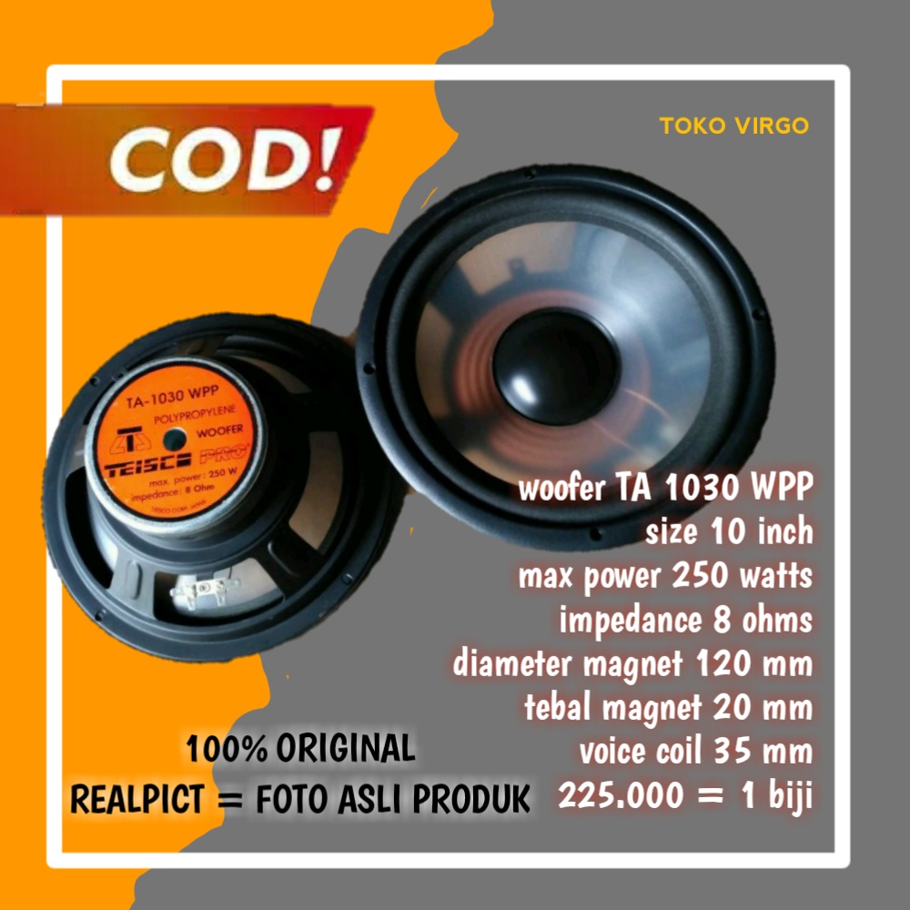 Speaker Woofer 10 Inch TA 1030 WPP Daun Bening Speker Wofer 10 Inci 250 Watts Spiker Wufer Wover Sep