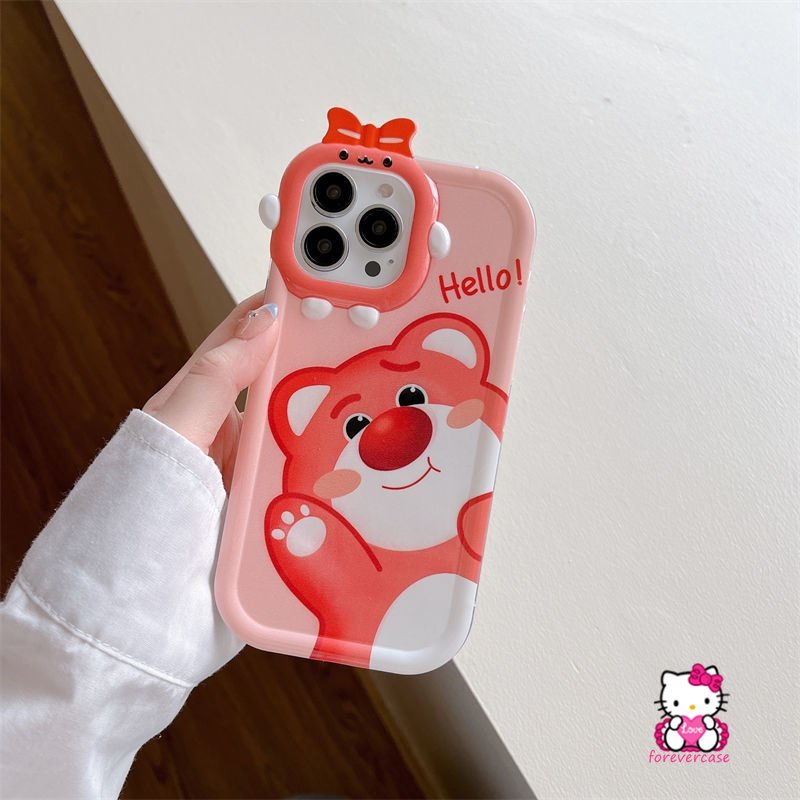 Kartun Manis Strawberry Bear Manyo Case Kompatibel Untuk iPhone XR 6s 6 8 7 Plus 11 Pro Max 13 12 14 Pro Max 14 Plus X XS Max SE 2020lucu 3D Busur Simpul Monster Kecil Lensa Soft Cover