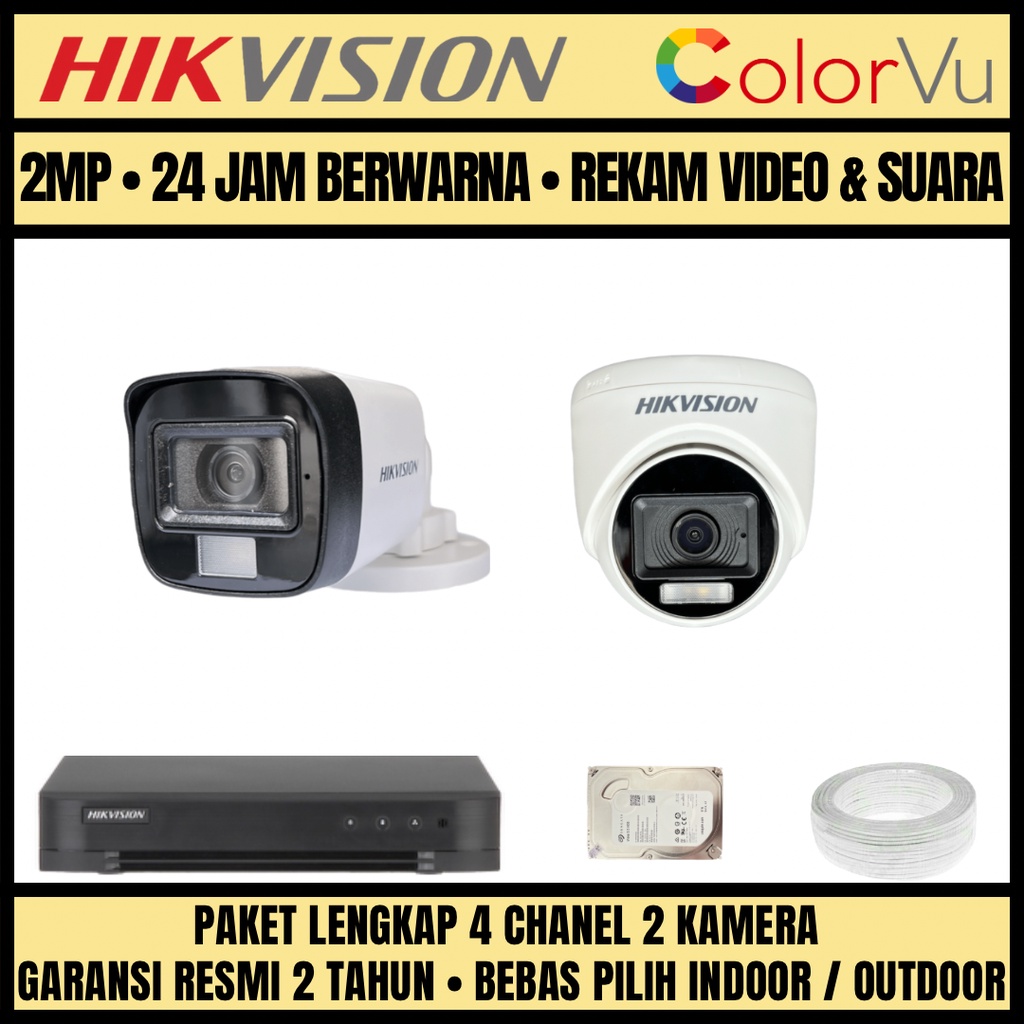 PAKET CCTV HIKVISION 2MP COLORVU 4 CHANNEL 2 CAMERA KAMERA CCTV COLORFUL