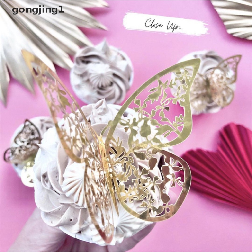 Ggg 12 Pcs Tekstur Logam Emas Artifisial Butterfly Cake Topper Hiasan Kue ID