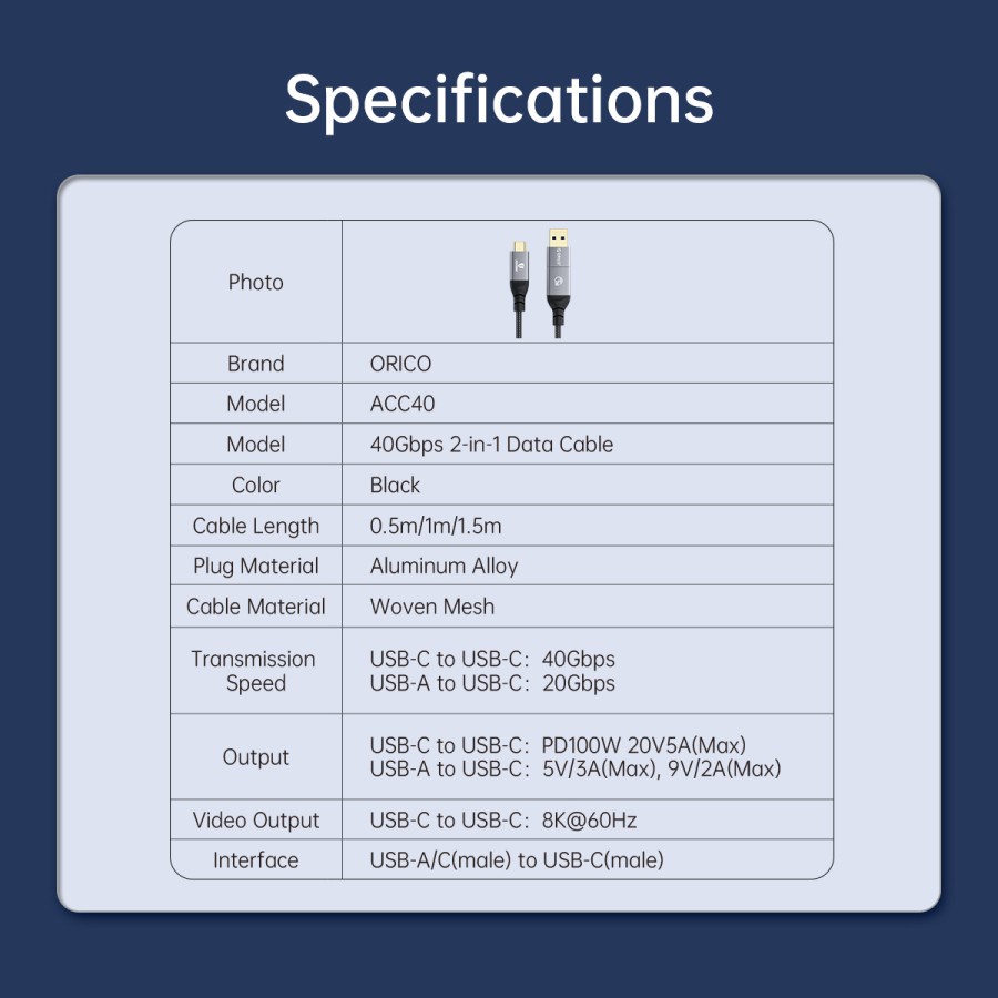 Usb4 Type-c thunderbolt 4.0 male cable with connector Usb-A orico 1m 1 meter 100cm 40Gbps 4k 60hz 8k 100w pd 5A data sync charge usb40 acc40-10