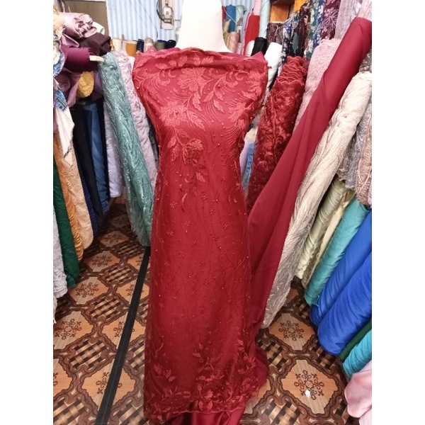 Bahan kain kebaya brokat akar tile mutiara