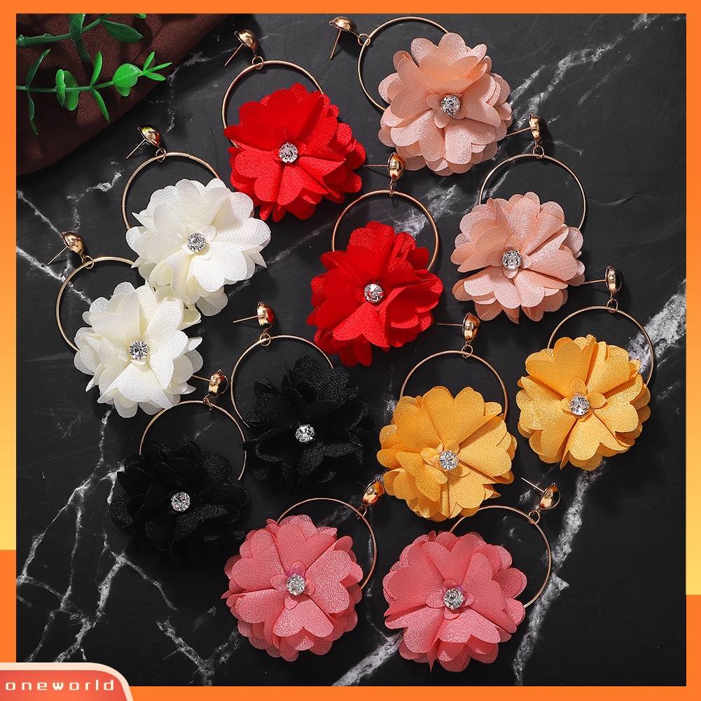 [WONE] Fashion Wanita Berlian Imitasi Bunga Bulat Menjuntai Ear Drop Earrings Perhiasan Hadiah