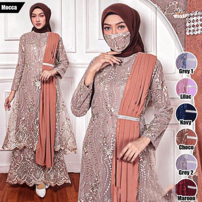 Gamis Brukat Tile Selendang Malaysia Jumbo - Gaun Pesta (Free Hijab)