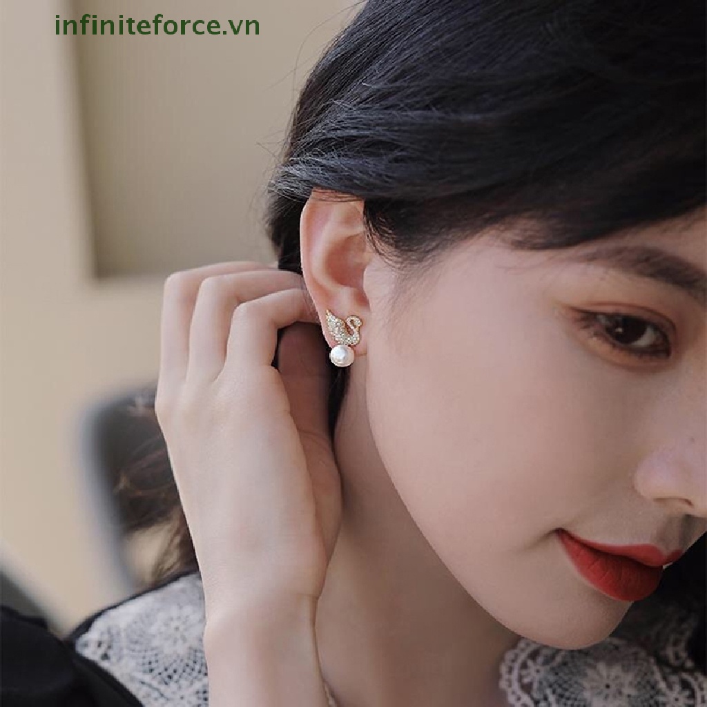 [INVN] 1pasang Imitasi Mutiara Swan Berlian Imitasi Ear Studs Perhiasan Wanita Anting Fashion Pesta Aksesoris Hadiah [VN]