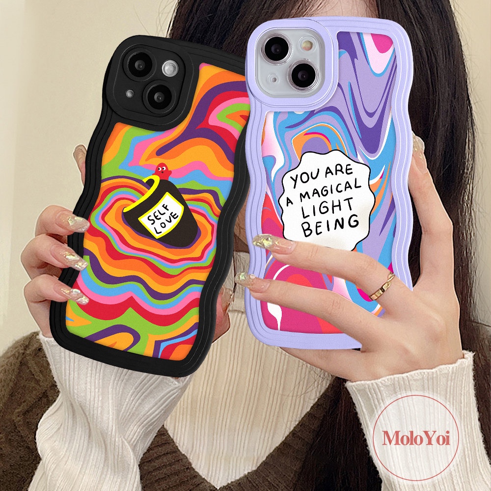 IPHONE Casing Ponsel Kompatibel Untuk Iphone11Xr7 8 6 6s 14plus14 13 11 12 Pro Max X XS Max SE 2020 Casetify Self Love Label Watercolor Wavy Edge Soft Tpu Rainbow Back Cover