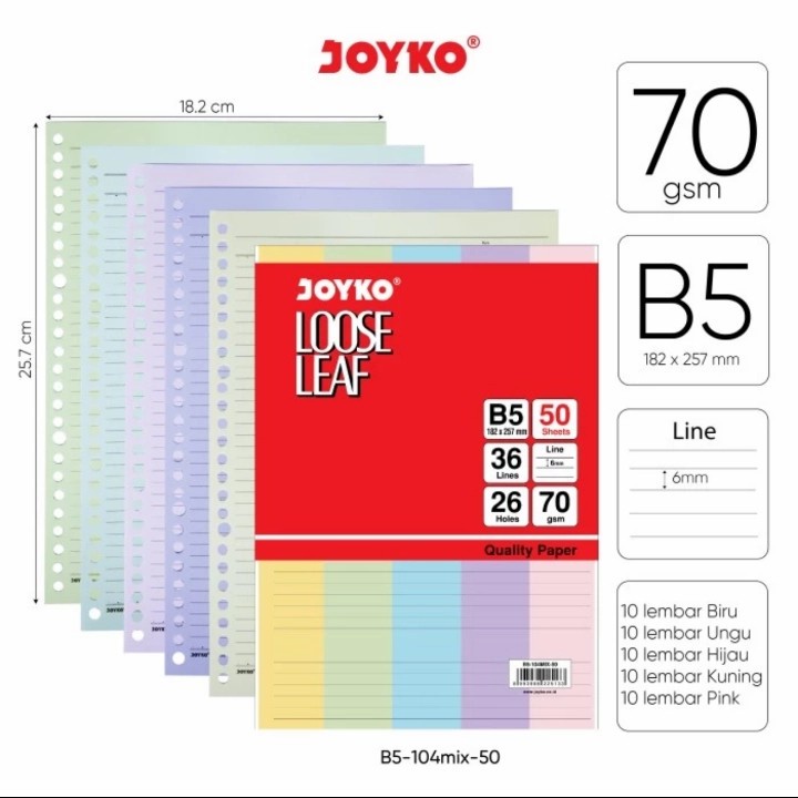 

Loose Leaf Color Isi Kertas File Binder Warna Joyko B5 (Mix).