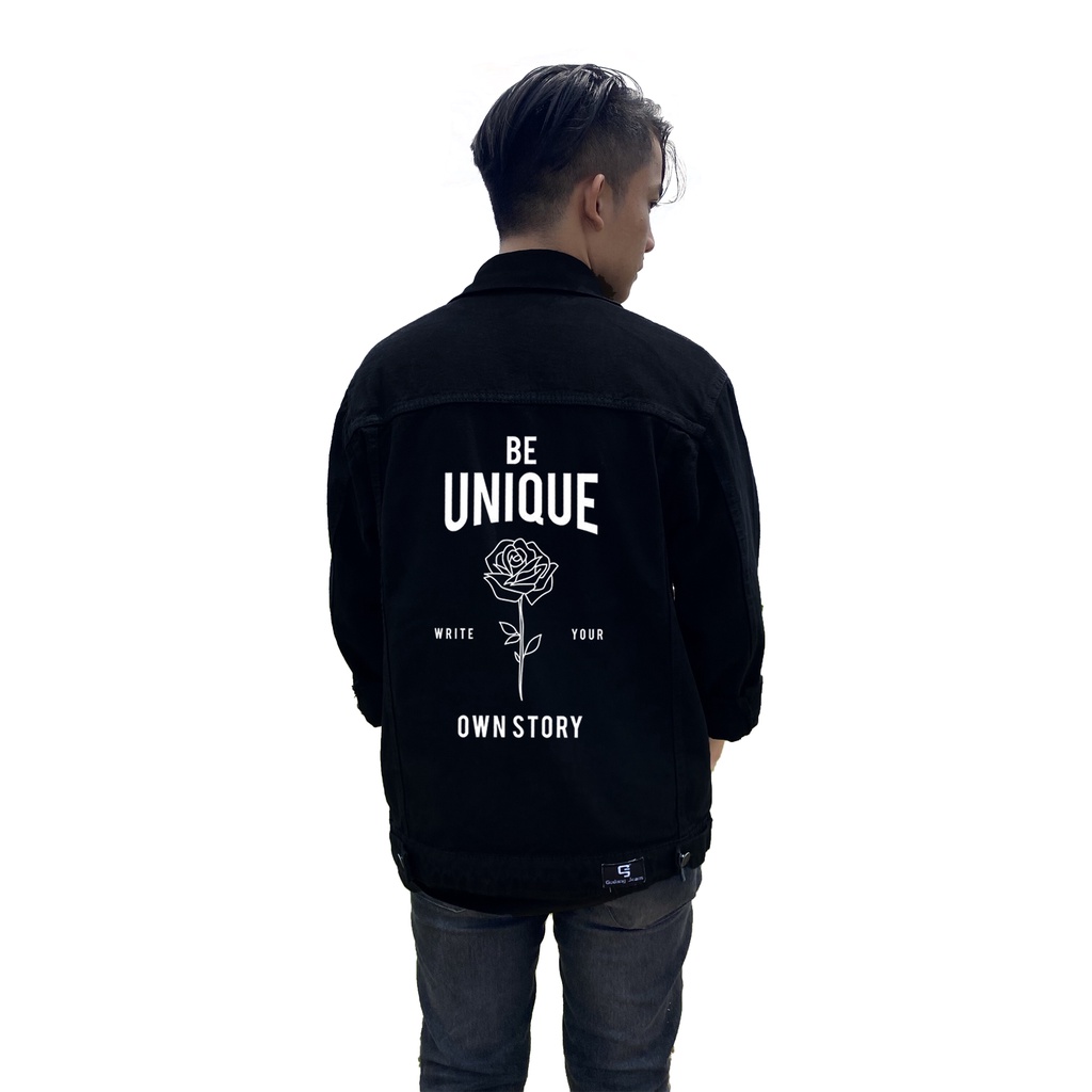 Jaket Jeans Denim Pria / Jaket Sablon Pria Wanita / Jaket Jeans Printing Belakang / Sablon Plastisol