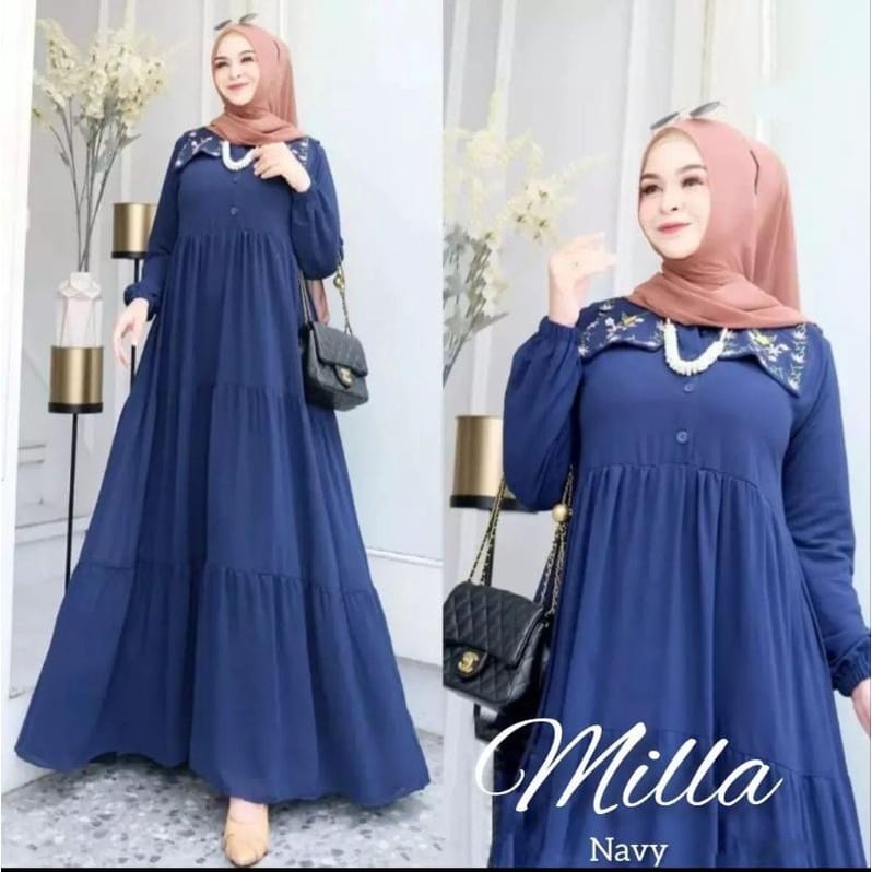 Milla Dress Gamis Malaysia Ceruty Babydoll Aksen Bordir Baju Kondangan Wanita Jumbo Gamis Busui Friendly Gaun Pesta Muslimah