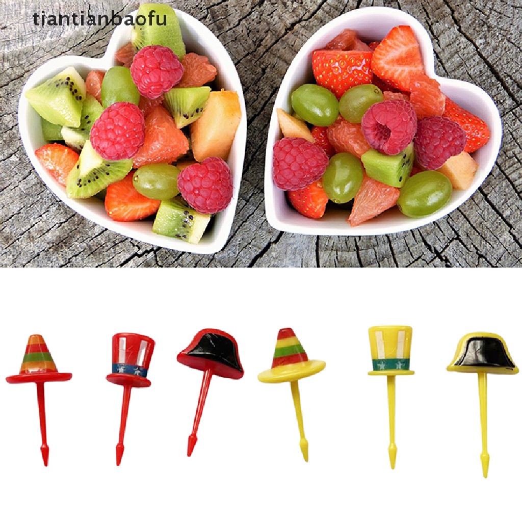 [tiantianbaofu] 1set Topi Kartun Lucu Anak Garpu Buah Plastik Bento Makan Siang Dessert Tusuk Gigi Butik