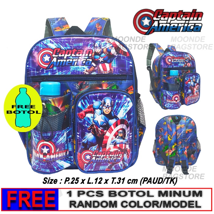 Tas Ransel anak Sekolah PAUD/TK karakter CAPTAIN AMERICA free botol // Tas ngaji CAPT. AMERICA