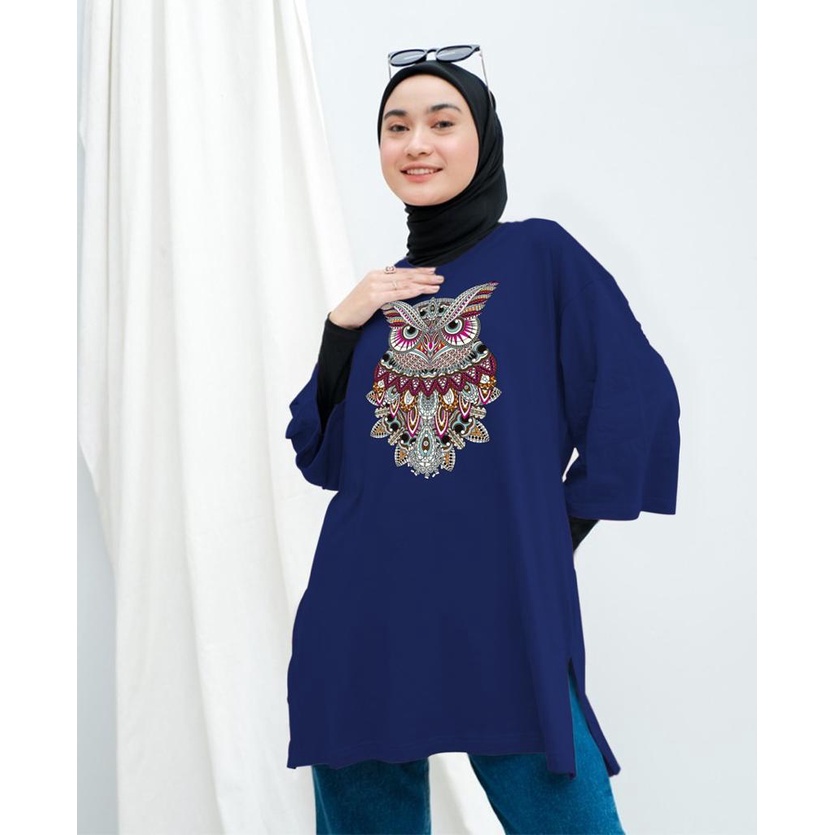 KAOS OVERSIZE TOP HIJAB WANITA BASIC OWL BATIK / OVERSIZE SLIT BLOUSE GAMBAR DTF / DIGITAL PRINT