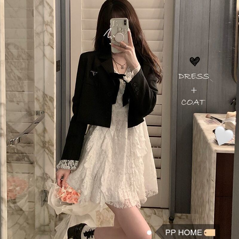 Suhao One-Piece Suit Hitam Sederhana Jas Pendek Wanita + Gaun Lengan Panjang Ikatan Simpul Renda Putih