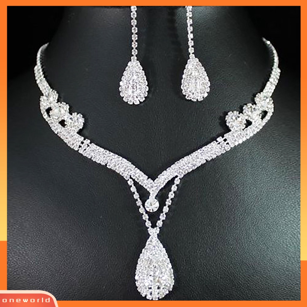 Set Anting Kalung Pernikahan Pengantin Tetesan Air Kristal Berlian Buatan Austria Bening