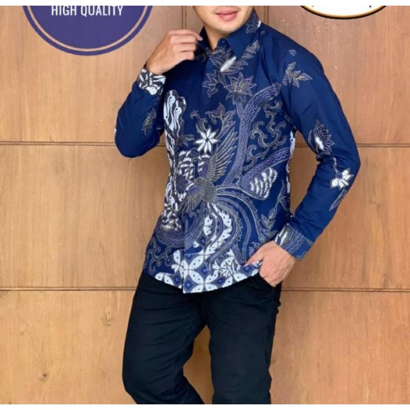 Batik BOLO DEWO Baju Kemeja Pria Lengan Panjang Lapis Furing Hem Atasan Motif Prabu Peksi Navy