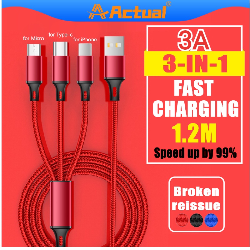 Actual【COD】Max 3A Untuk Iphone / Android Kabel Data USB 3 in 1 Fast Charger iOS + Micro USB + Type C Quick Chargre 1.2M Nylon Braided Cable