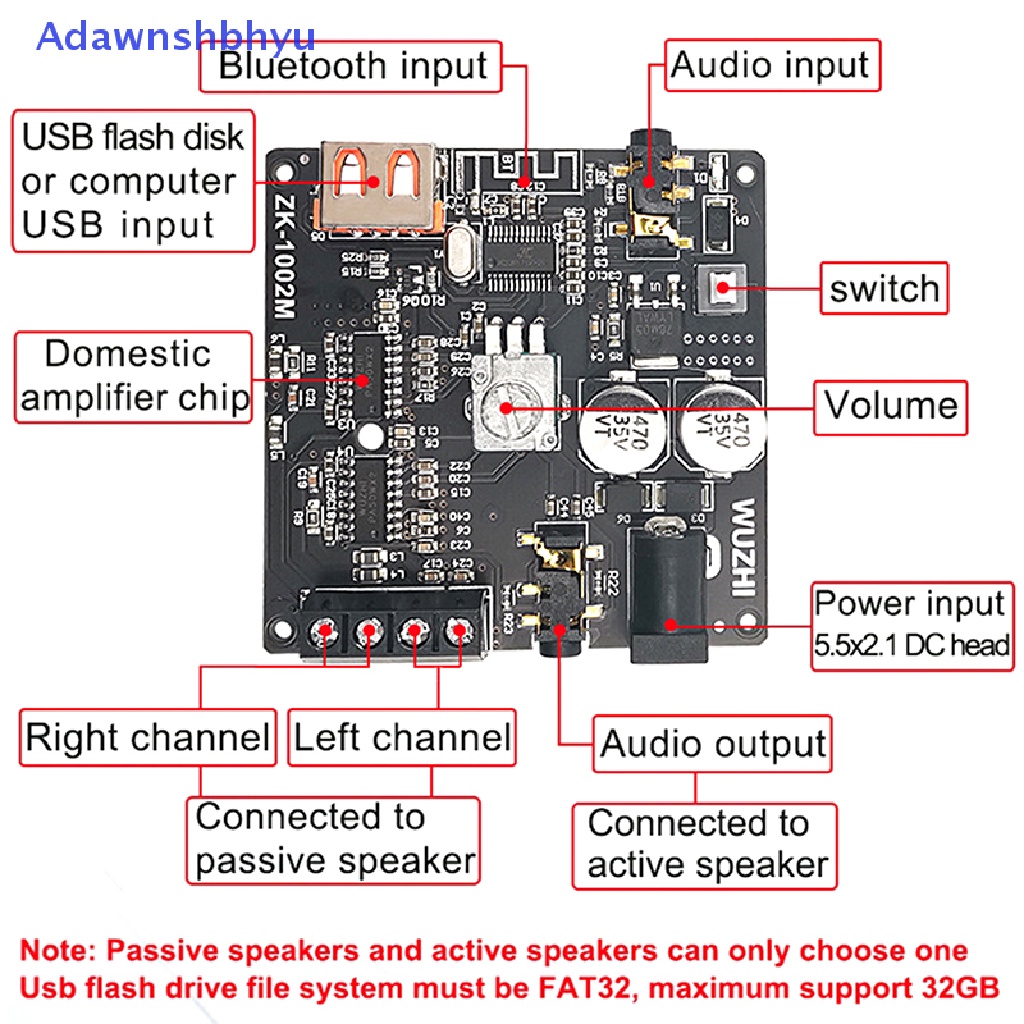 Adhyu ZK-1002M 100W+100W Bluetooth 5.0 Power Audio Amplifier Board Stereo Amplificador ID