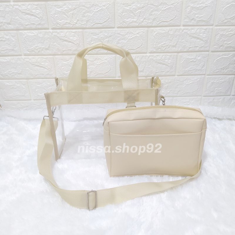 Tas tote bag resleting pvc transparan mica kanvas pouch/tas konser serbaguna