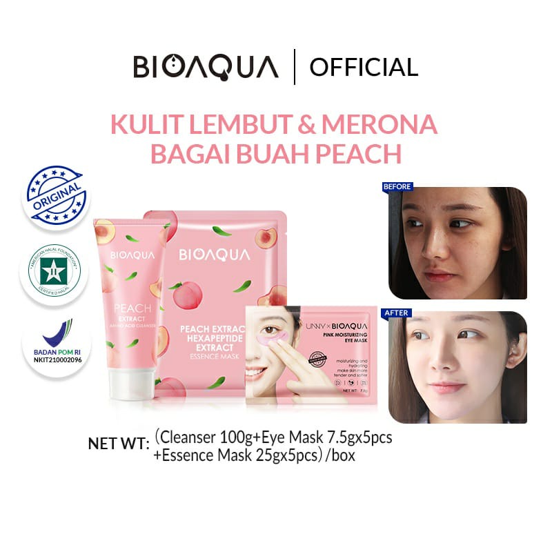 BIOAQUA Peach SkinCare Set Kecantikan Perawatan Set With Cleanser/Sheet mask/Eye mask Whitening Brightening Memperbaiki kulit