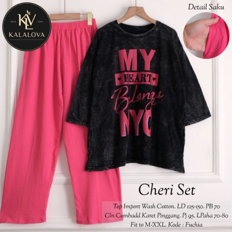 CHERI SET BY KALALOVA | Setelan Wanita Atasan Kaos Bahan Wash Cotton Celana Kaos Combed Super Jumbo 
