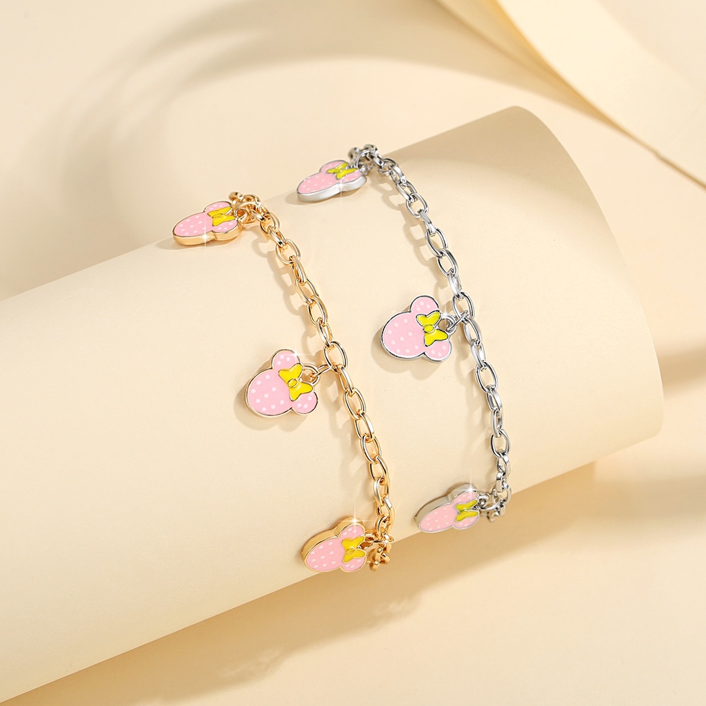 Y891 【COD】Gelang Anak Liontin Minnie Titanium Anti Karat Warna Emas/Perak Disesuaikan Ukurannya Untuk Semua Anak