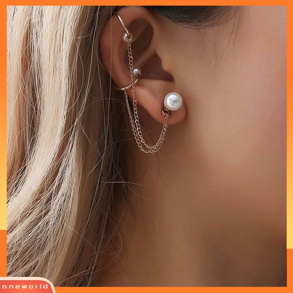 [WONE] 1/4pc Wanita Mutiara Imitasi Rantai Berlian Imitasi Ear Stud Cuff Clip On Earrings Jewelry