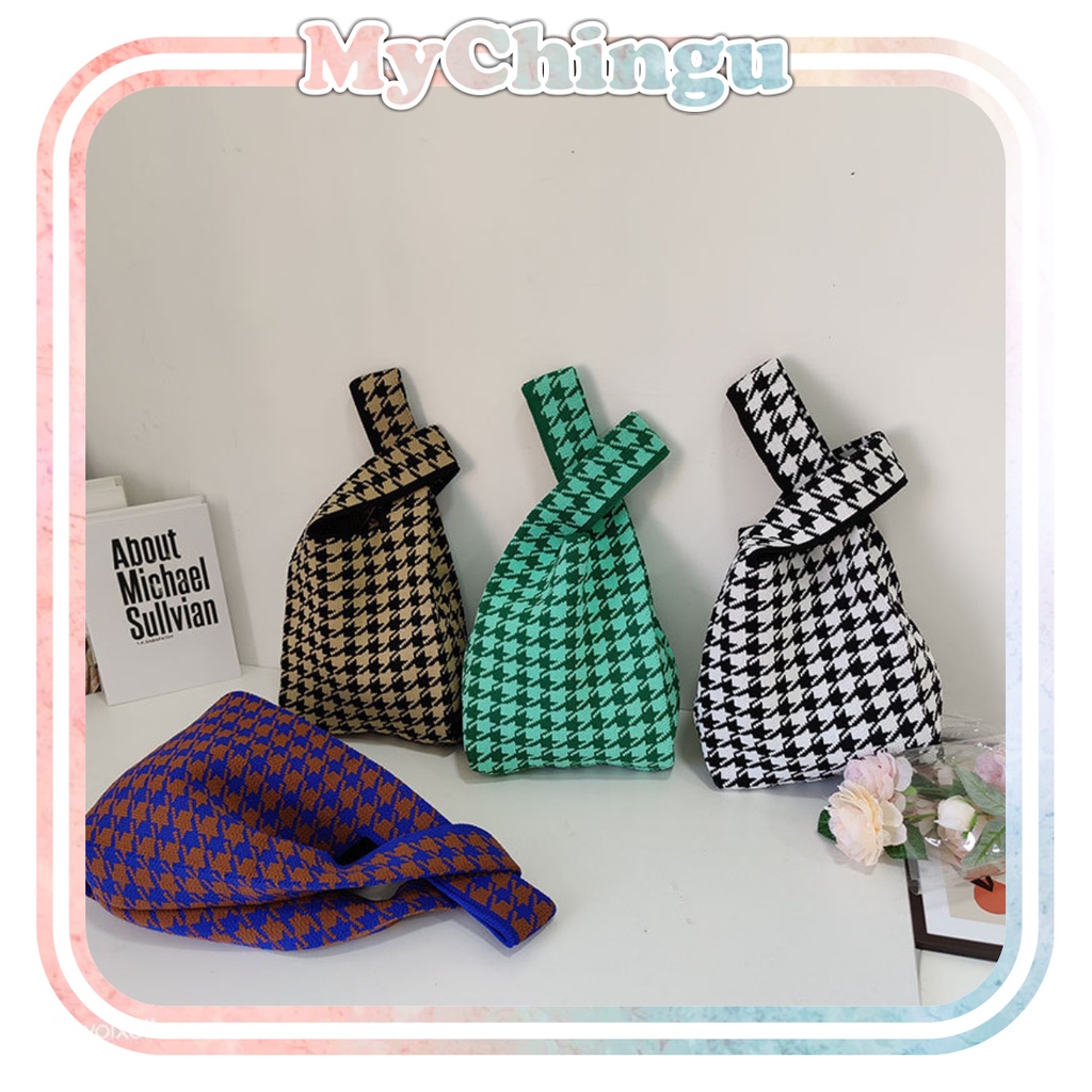 ❀ Chingu ❀ TW019 Tas Bene Korean Knitted Checkered Tote Bag Tas Rajut Motif New Totebag Buffollow Vacay Viral Bangkok Import