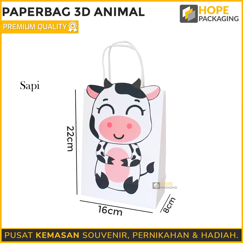 Paperbag 3D Motif Animal Kado / Hadiah Ulang Tahun / kantong snack kue souvenir ultah paper bag gift anak karakter hewan lucu