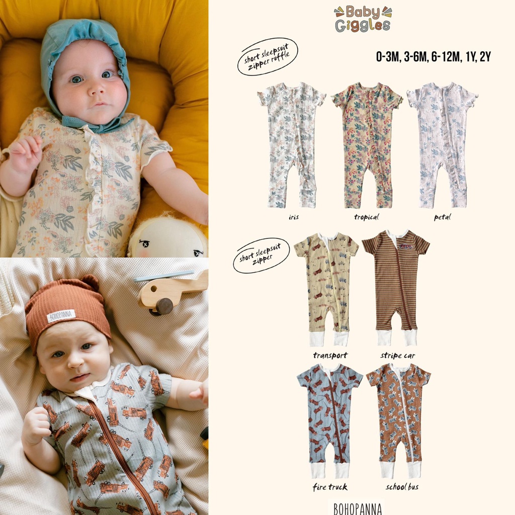 BOHOPANNA SHORT SLEEPSUIT ZIPPER RUFFLE DAN SHORT SLEEPSUIT ZIPPER  USIA 0-2 TAHUN