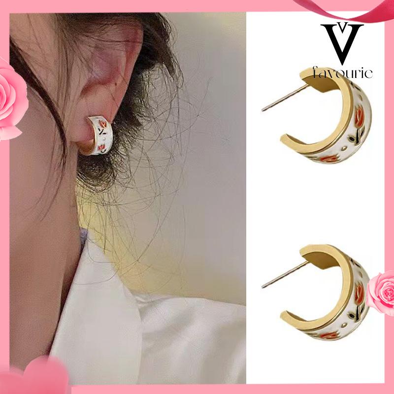 CODCODRetro Musim Semi Tulip Lingkaran C Cincin Gaya Hong Kong s925 Sterling Silver Stud Earrings-FA-FA