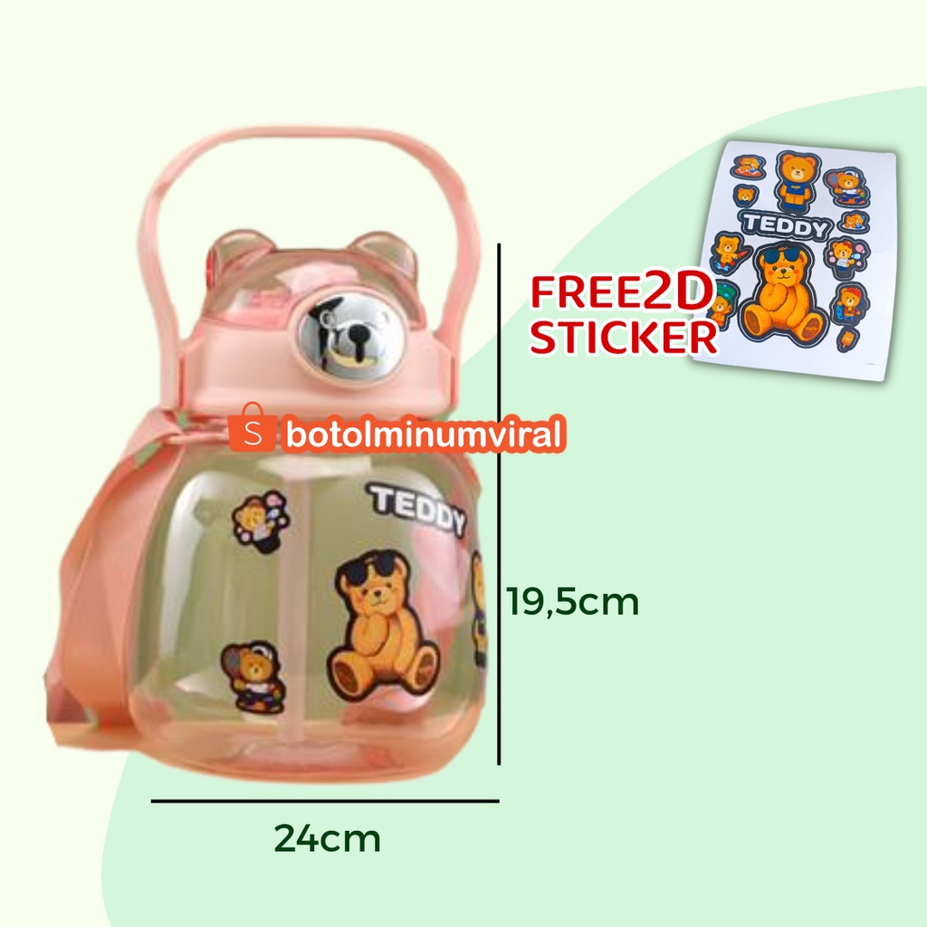 Botol Minum Viral 1,3 Liter Stiker Gemoy Bear Bening Tali Sedotan Tas Serut