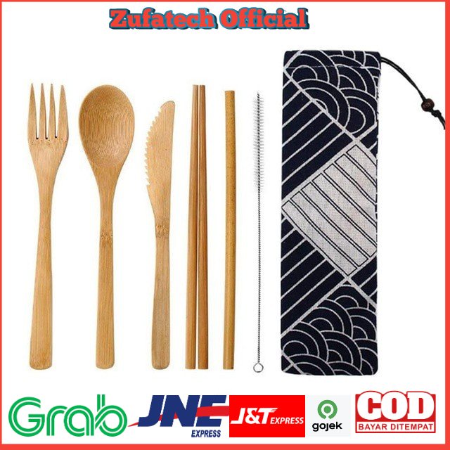 KNIFEZER Cutlery Set Perlengkapan Makan Sendok Garpu Pisau Sumpit Sedotan Japanese Style Bamboo - EA