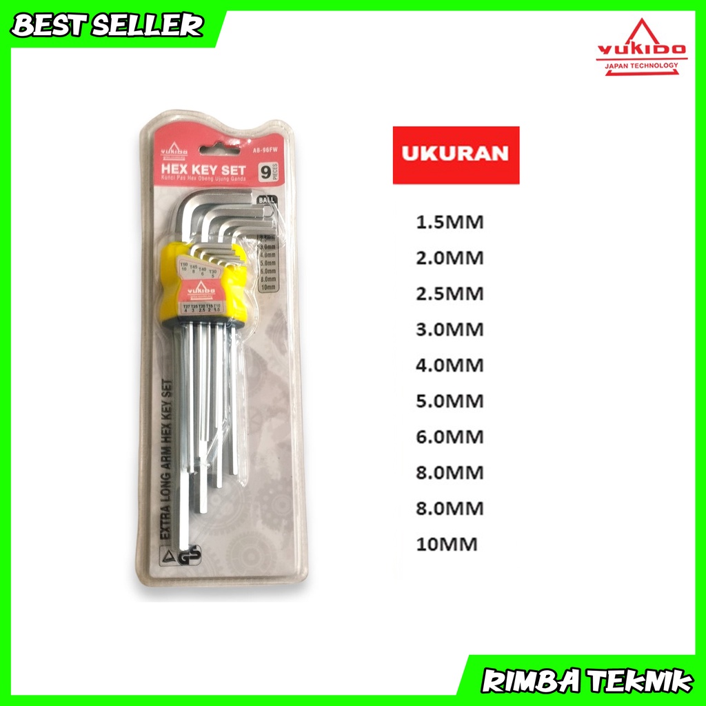 Kunci L Set 9 Panjang Pcs 1.5mm - 10mm Yukido Chrome Vanadium Ballpoint Ball Point Hex Key Termurah