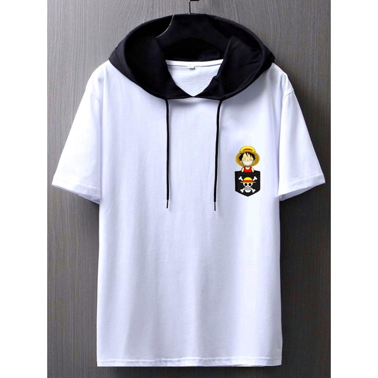 KAOS HODIE PRIA TERLARIS/KAOS DISTRO MURAH/KAOS HODIE ONE PIECE LUFFI KOMBINASI HITAM PUTIH TERBARU/